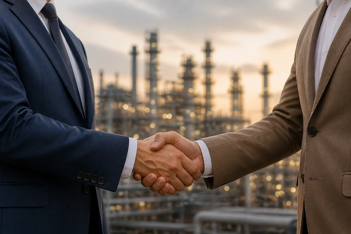 Business partners shaking hands at an industrial facility